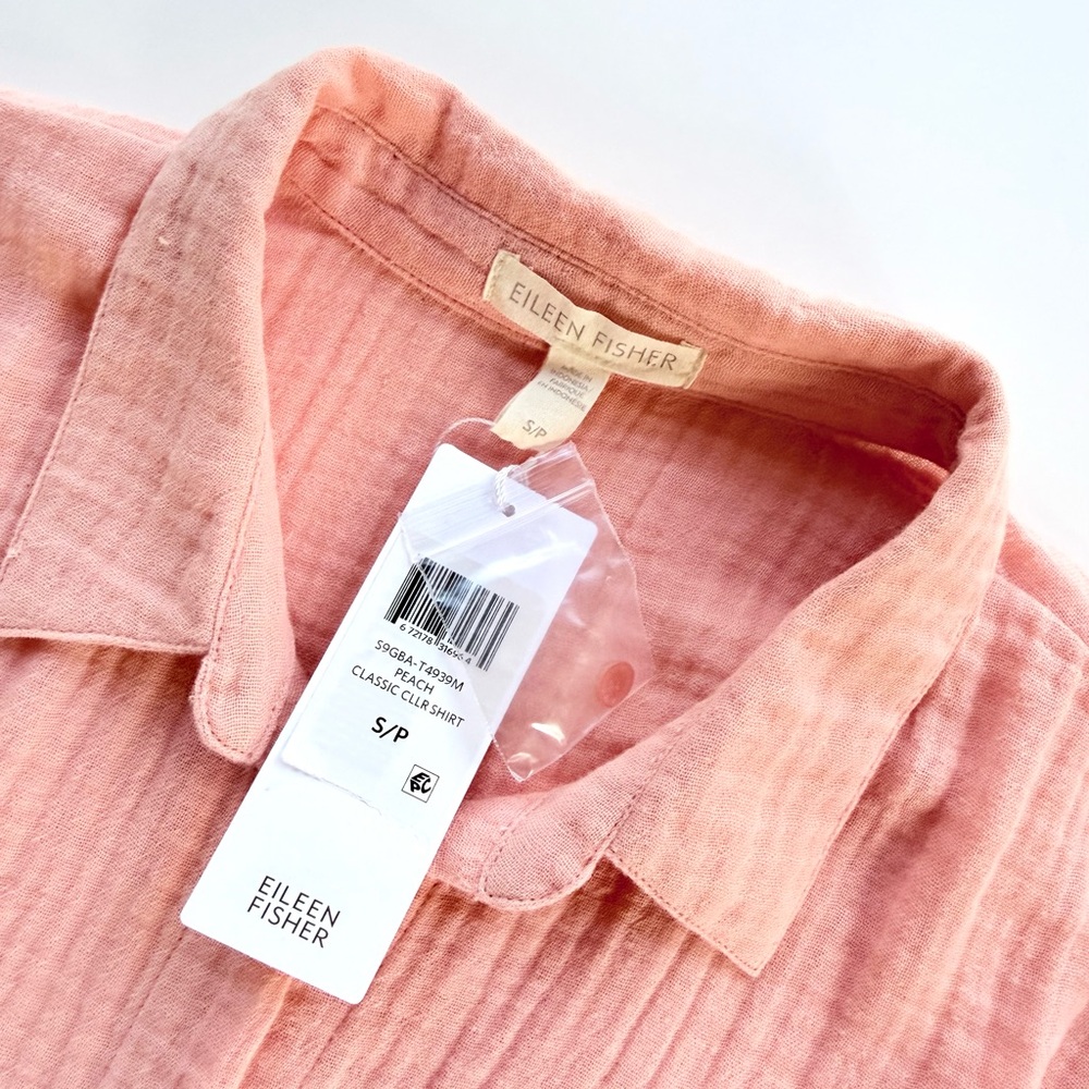 NWT Eileen Fisher Organic Cotton Lofty Gauze Classic Collar Button Shirt Peach S - Picture 10 of 15